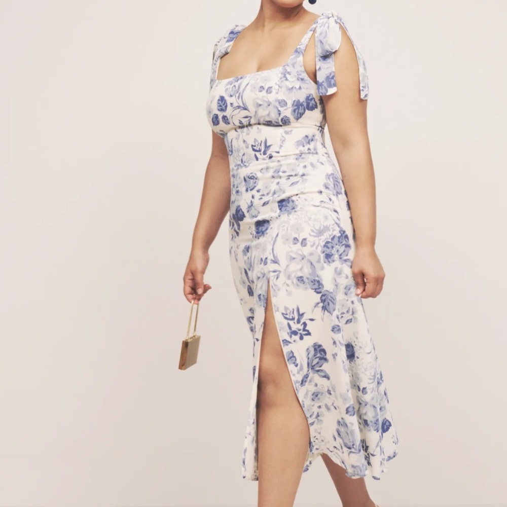 Reformation White and Blue Floral Midi Dress